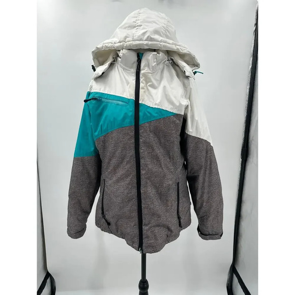 Magellan Outdoors Women's gray/white/green crosshatch hooded ski jacket, size L - Picture 2 of 7